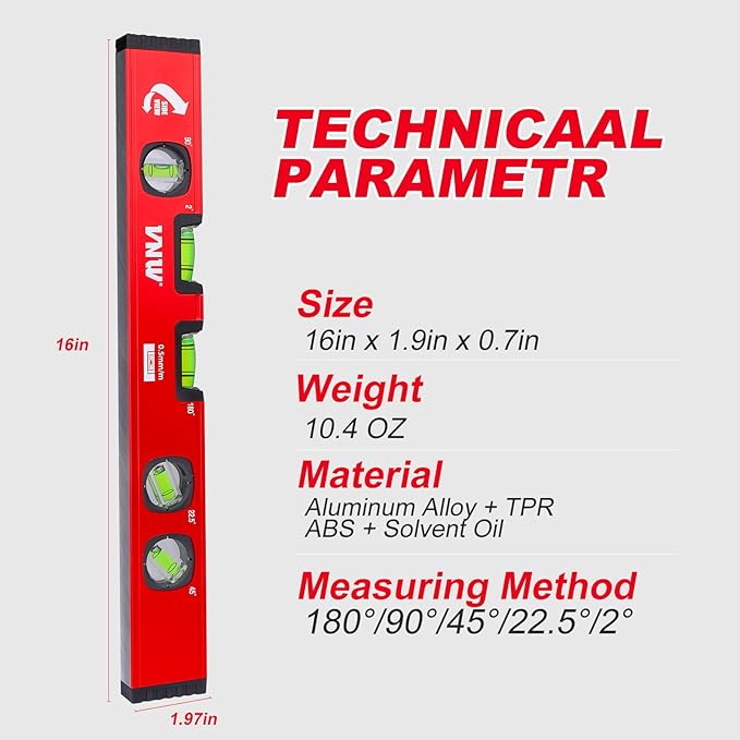 VNW 16-Inch Torpedo Level - 5 High-visibility Bubbles 2°/22.5°/45°/90°/180°,Level Tool with Rubber Endcaps and Aluminium Body, Flat View Viewing Window for Home Outdoor Measurements