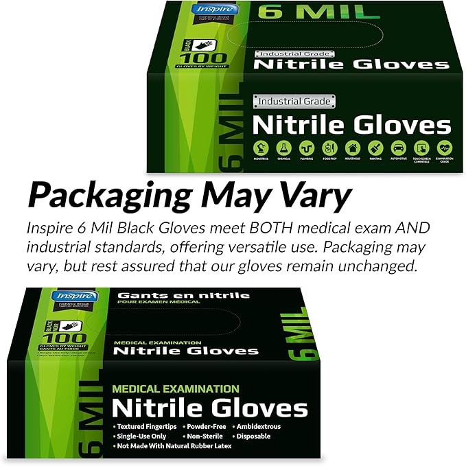 Inspire Black Nitrile Gloves HEAVY DUTY 6 Mil Nitrile Chemical Resistant Medical Cooking Cleaning Disposable Black Gloves