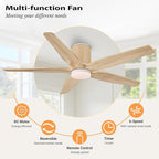 54" Ceiling Fan with Light - Low Profile Flush Mount Ceiling Fan, 6-Speed Remote Control, Solid Wood, Quiet Reversible DC Motor, Wood/White Finish, for Bedroom, Living Room, Porch