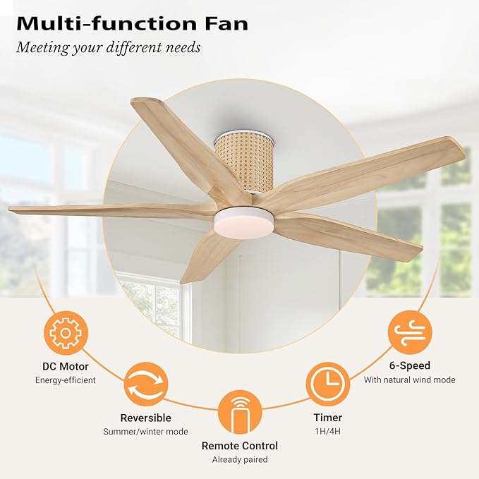 54" Ceiling Fan with Light - Low Profile Flush Mount Ceiling Fan, 6-Speed Remote Control, Solid Wood, Quiet Reversible DC Motor, Wood/White Finish, for Bedroom, Living Room, Porch