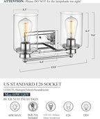 Bathroom Light Fixtures, HWH 2-Light Vanity Wall Sconce Lamp, Modern Chrome Vanity Light with Clear Glass Shade, 5HLT63B-2W CH