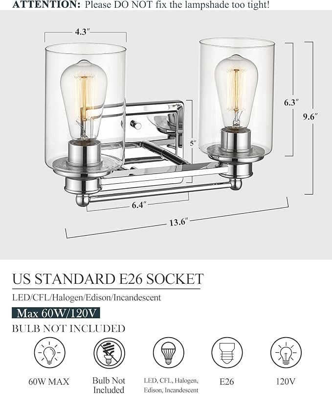 Bathroom Light Fixtures, HWH 2-Light Vanity Wall Sconce Lamp, Modern Chrome Vanity Light with Clear Glass Shade, 5HLT63B-2W CH