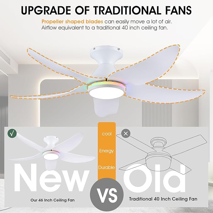 46" Ceiling Fans with Lights Remote/APP Control, Low Profile Ceiling Fans with Dimmable White Colors+Ring RGB Lights, 6 Speeds 5 Reversible Curved Blades for Kids Room Bedroom Living Room Bar, White