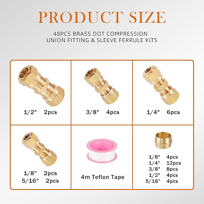 48 PCS DOT Brass Compression Air Brake Nylon Tubing Fittings,1/4" 1/8" 3/8" 1/2" 5/16" OD Straight Union Fitting Assortment Kit, DOT Air Line Fittings for Truck or Industrial Air System