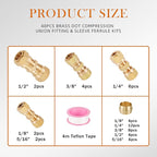 48 PCS DOT Brass Compression Air Brake Nylon Tubing Fittings,1/4" 1/8" 3/8" 1/2" 5/16" OD Straight Union Fitting Assortment Kit, DOT Air Line Fittings for Truck or Industrial Air System