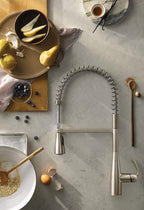 Moen Essie Spot Resist Stainless One-Handle High Arc Pre-Rinse Spring Pulldown Kitchen Faucet with Power Clean and Soap Dispenser, 87814SRS