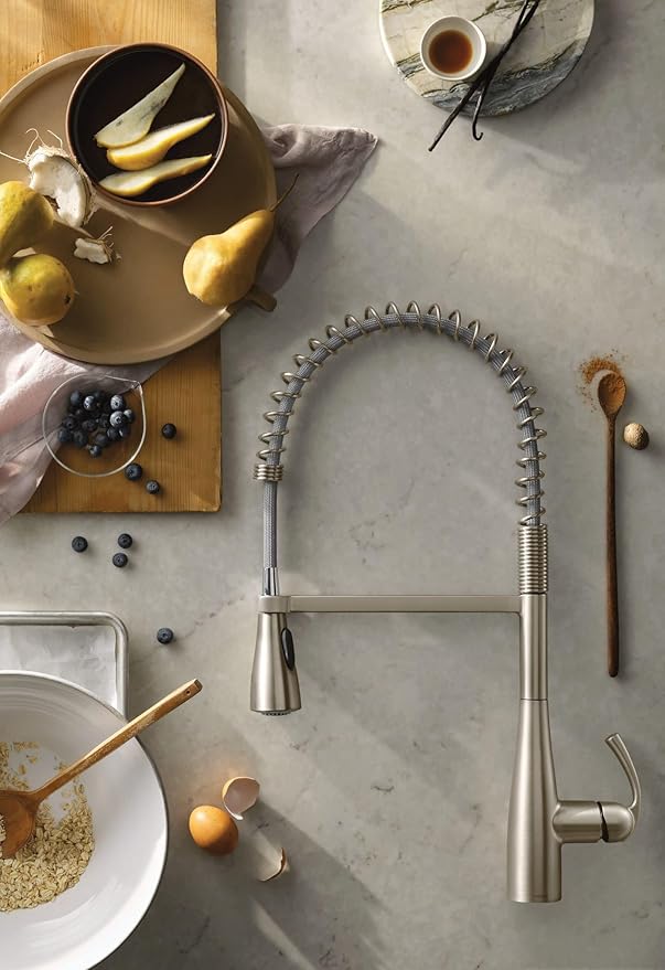 Moen Essie Spot Resist Stainless One-Handle High Arc Pre-Rinse Spring Pulldown Kitchen Faucet with Power Clean and Soap Dispenser, 87814SRS