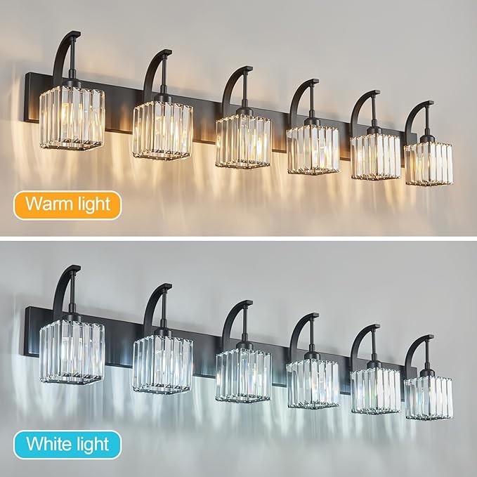 Crystal Vanity Lights 6-Light Black Bathroom Vanity Lights Modern Crystal Bathroom Light Fixtures Over Mirror 51.18" Long Vanity Light for Bathroom
