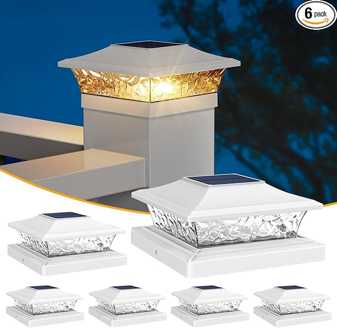 APONUO Deck Post Lights Solar Powered 6 Pack, Waterproof Outdoor LED Deck Lights for 4x4, 5x5, 6x6 Fence Posts, Warm/Cool White Light, All-Night Lighting, Auto On/Off, Patio Garden Yard Decor