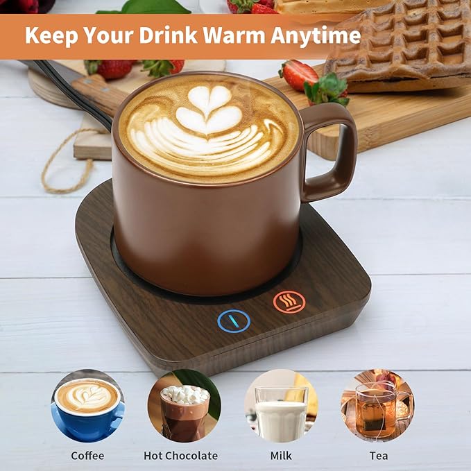 VOBAGA Imitation Wood Grain Coffee Cup Warmer & Mug Warmer for Desk, Electric Cup Beverage Warmer Plate with 3 Temperature Settings for Tea, Cocoa, Milk with Auto Shut Off After 4 Hours, for Gifts