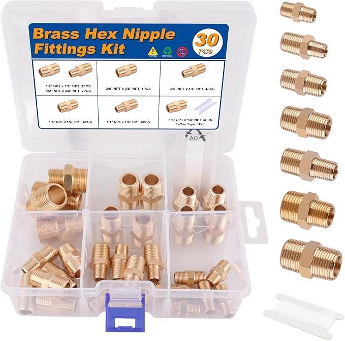 KOOTANS 30PCS Brass Pipe Fittings Hex Nipple Kit 1/8" to 1/8", 1/4" to 1/8", 1/4" to 1/4", 3/8" to 1/4", 3/8" to 3/8", 1/2" to 3/8", 1/2" to 1/2" NPT Male Adapter Pipe Fitting Brass Nipple Connector