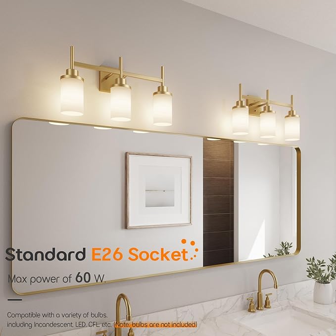 Bathrom Light Fixtures Modern Gold 3 Vanity Lights Over Mirror, Wall Lamps with White Frosted Glass Shade for Toilet Washroom Bath T001GD-L3