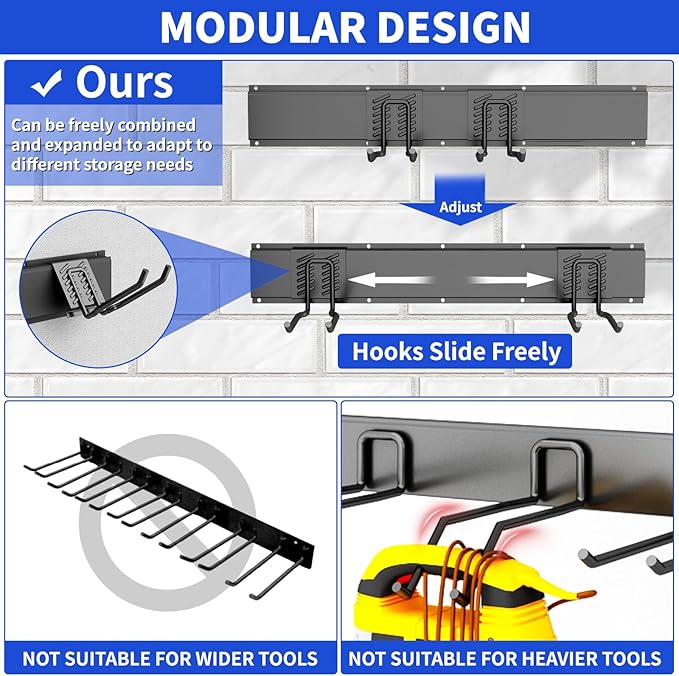 Garden Tool Organizer Wall Mount, 48inch Heavy Duty Garden Tool organizer Storage System, Easy Install With 7 Adjustable Hooks, For Garage, Basement, Shed, Workshop(Black)