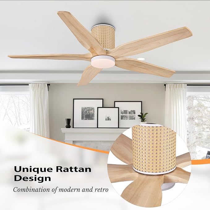 54" Ceiling Fan with Light - Low Profile Flush Mount Ceiling Fan, 6-Speed Remote Control, Solid Wood, Quiet Reversible DC Motor, Wood/White Finish, for Bedroom, Living Room, Porch