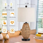 Touch Control Rattan Table Lamps, 3 Way Dimmable Bedside Lamps for Bedroom Set of 2 with 2 USB Ports and AC Outlet, Wicker Nightstand Lamps for Living Room (LED Bulbs Included)