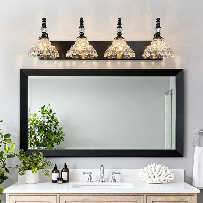Vintage Bathroom Vanity Light, 4-Light Black Vanity Lighting Fixture with Flower Glass Shade, Bathroom Lighting Fixtures Over Mirror