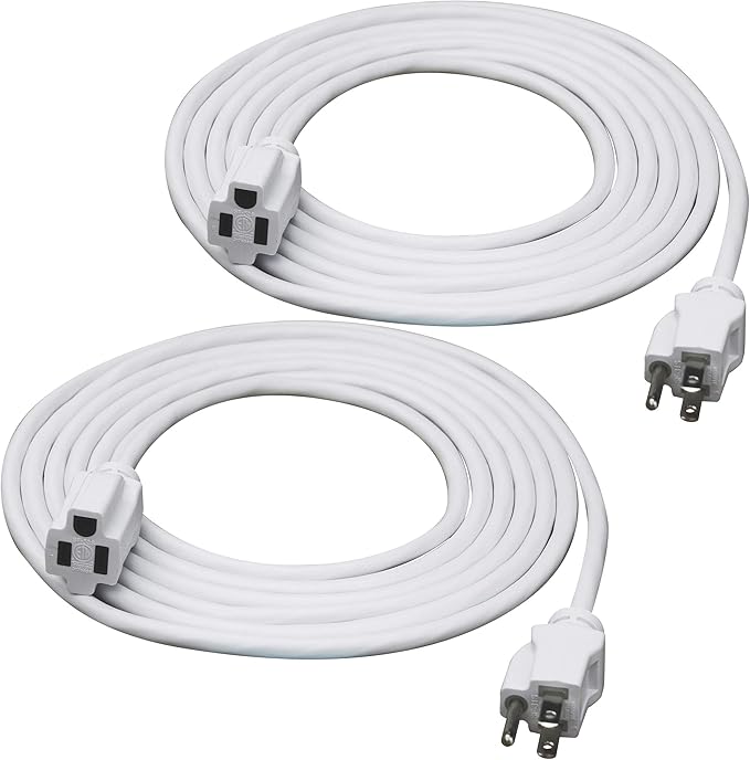 Clear Power 15 ft (2-Pack) Indoor/Outdoor Extension Cord 16/3 SJTW, White, Water, Weather Resistant & Flame Retardant, 3 Prong Grounded Plug, CP10206X2