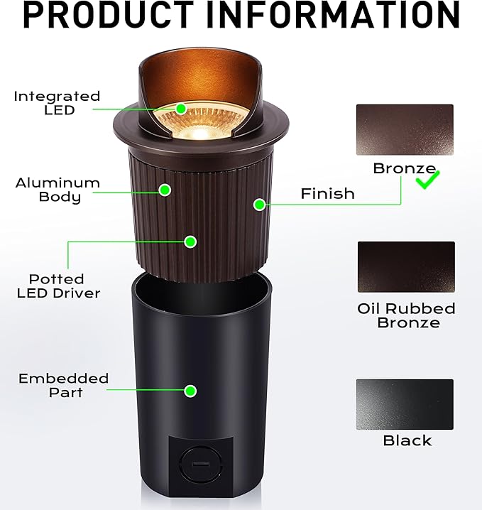 [6 Pack] CLOUDY BAY 9W Well Lights Landscape LED In Ground Outdoor,Shielded Top,Low Voltage 12-24V AC/DC,Waterproof Aluminum Uplights,2700K/3000K/3500K/4000K/5000K,Bronze