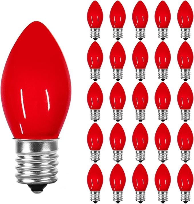 25 Pack Red Christmas Light Bulbs C7 Replacement Bulbs Nightlight Bulb, Vintage Red C7 Christmas Lights Replacement Bulbs for Xmas Home Bedroom Tree Window Candle String Lights Decor, E12 Base, 5W