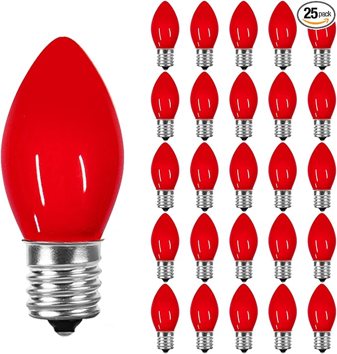 25 Pack C7 Red Ceramic Incandescent Replacement Bulbs, 5W Warm White 2200K, E12 Candelabra Base, Waterproof C7 Night Light Bulbs for Vintage Christmas Lights Outdoor Indoor Home Party Decorations