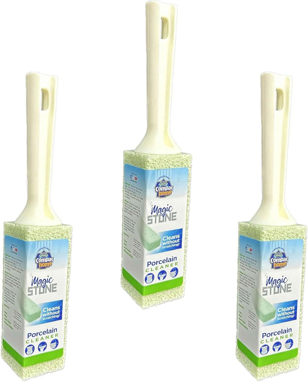 COMPAC HOME Magic-Stone Porcelain Cleaner with Handle, Made from Recycled Glass, Scouring Stick Toilet Cleaner, Removes Stubborn Lime Stains from Porcelain or Bathroom Fixtures, Pack of 3