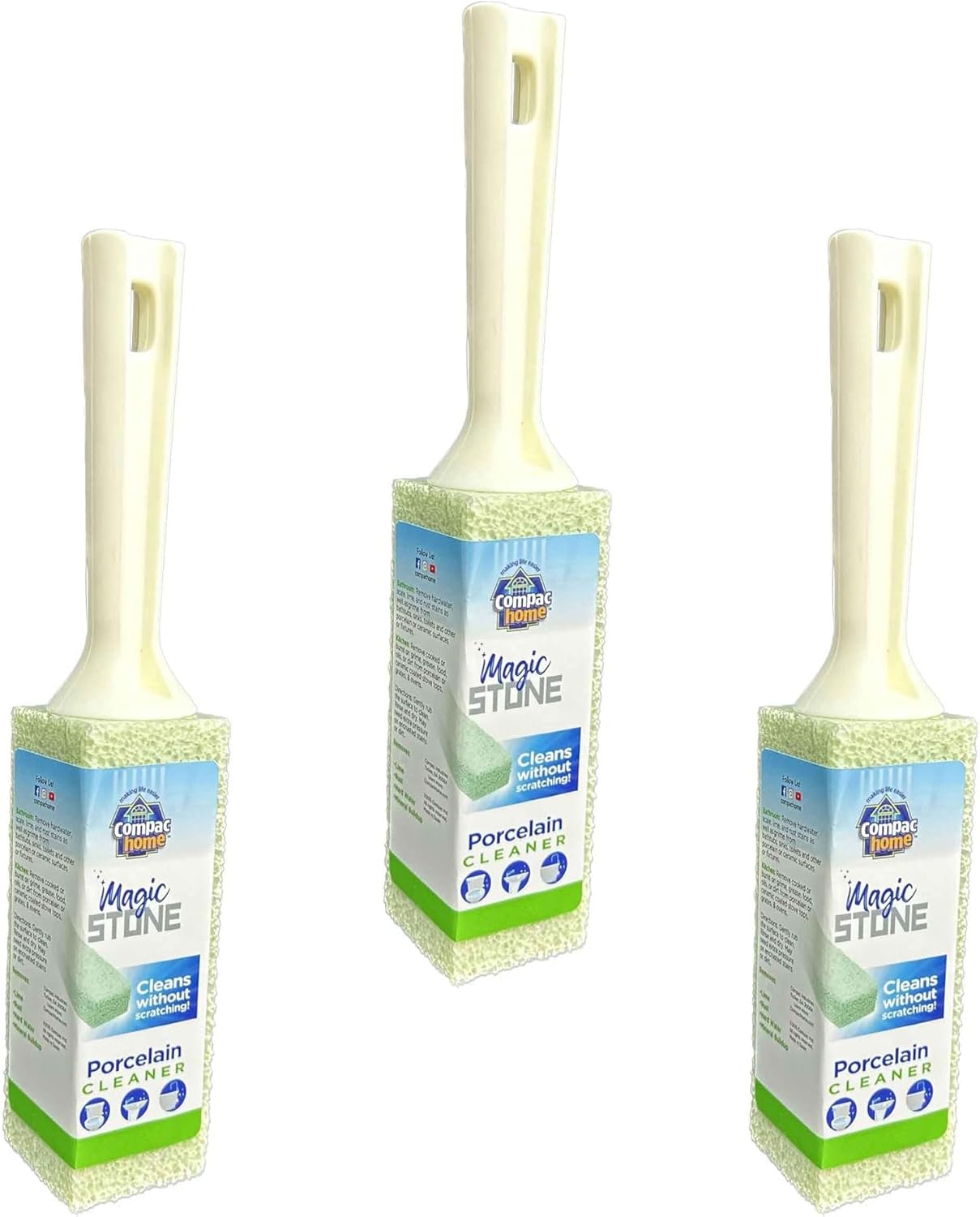 COMPAC HOME Magic-Stone Porcelain Cleaner with Handle, Made from Recycled Glass, Scouring Stick Toilet Cleaner, Removes Stubborn Lime Stains from Porcelain or Bathroom Fixtures, Pack of 3