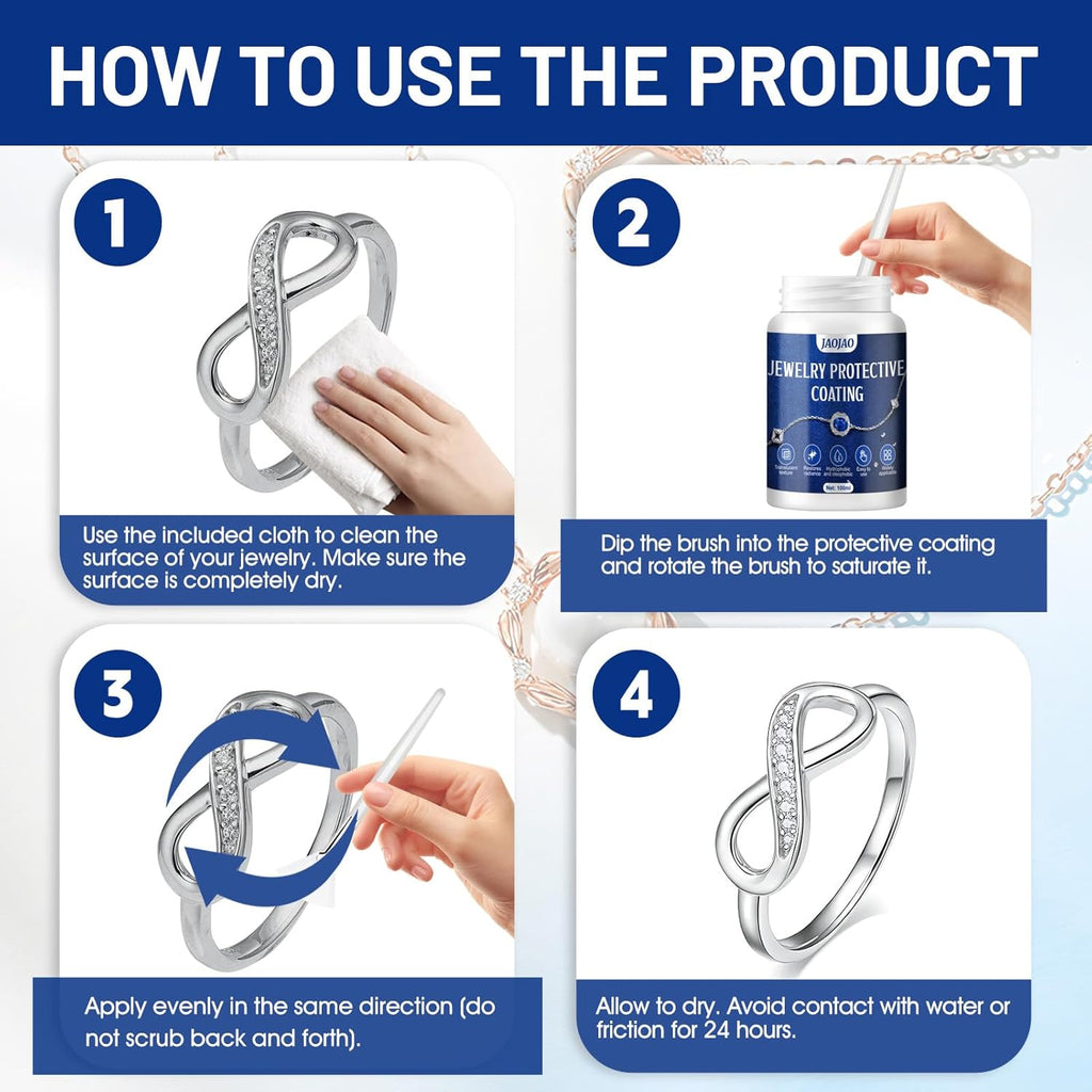 JAOJAO Jewelry Protective Coating, Jewelry Sealant with Brush and Cloth Transparent Texture Prevents Fading and Scratching for Gold Silver Platinum Gold Plating 100ml