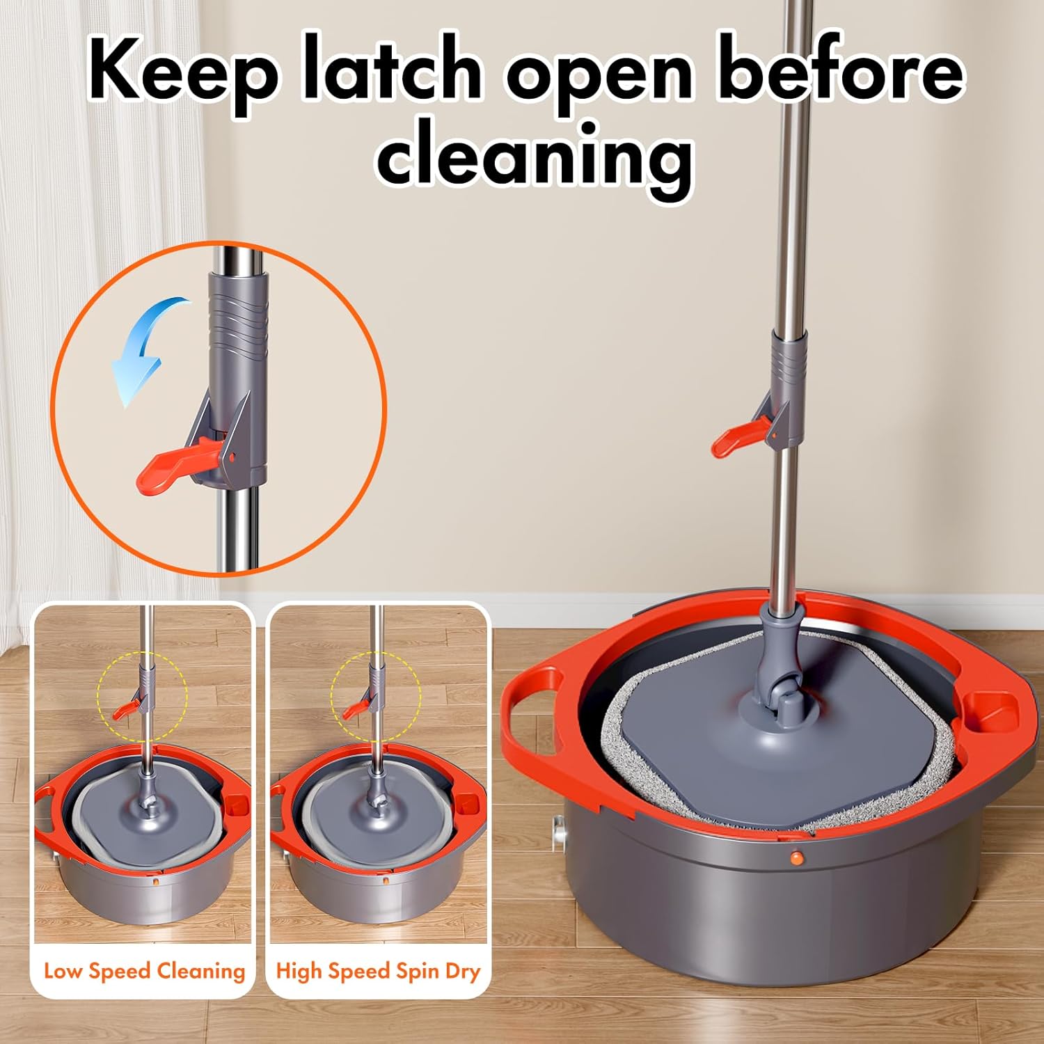 Spin Mop and Bucket Set with Separate Dirty and Clean Water,360° Spin Mop and Bucket System with Widening Foldable Handle,4 Replaceable Mop Pads,Square Mop for Floor Hardwood Tile Marble Wall Cleaning