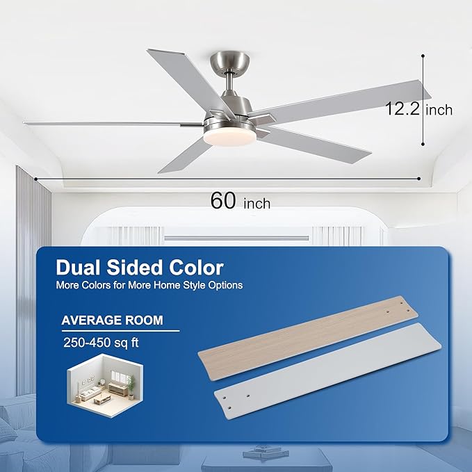 60 Inch Ceiling Fans with Lights and Remote, 6 Speed Reversible DC Motor, 3CCT Dimmable LED, 5 Blades, Brushed Nickel Modern Ceiling Fan for Bedroom, Living Room & Covered Outdoor, Includes Downrod
