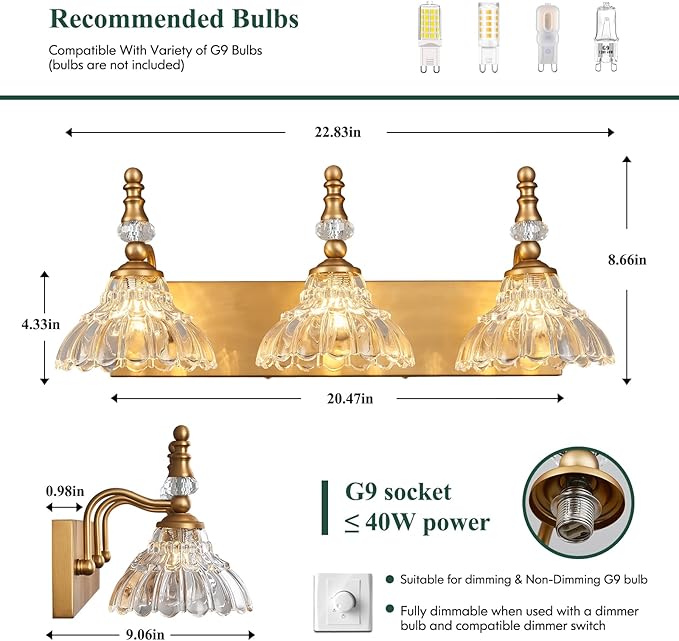 Vintage Bathroom Vanity Light, 3-Light Brass Vanity Lighting Fixture with Flower Glass Shade, Bathroom Lighting Fixtures Over Mirror