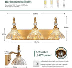 Vintage Bathroom Vanity Light, 3-Light Brass Vanity Lighting Fixture with Flower Glass Shade, Bathroom Lighting Fixtures Over Mirror