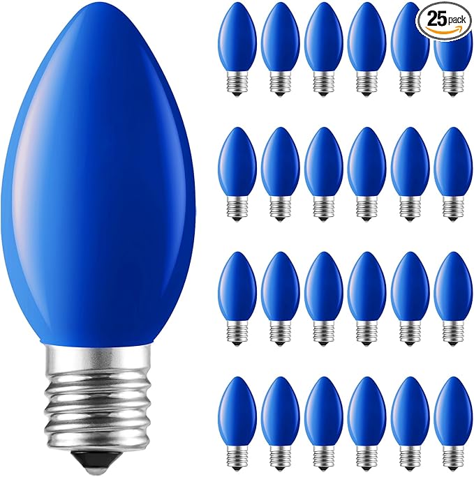 Brightown C9 LED Replacement Christmas Bulbs, 25 Pack Blue Shatterproof C9 Bulbs, Waterproof Commercial LED Holiday Bulb for Christmas String Light, E17 Intermediate Base, Dimmable