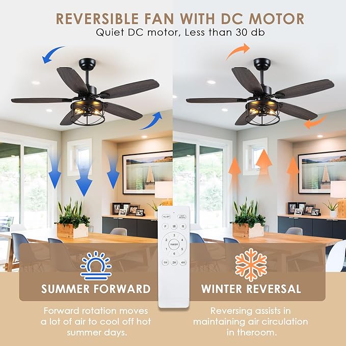 52" Black Ceiling Fan with Light & Remote, Timer, 5 Wood Blades - Rustic Flush Mount Fandelier, 6-Speed Reversible, Indoor/Outdoor for Bedroom, Living Room, Kitchen, Patio
