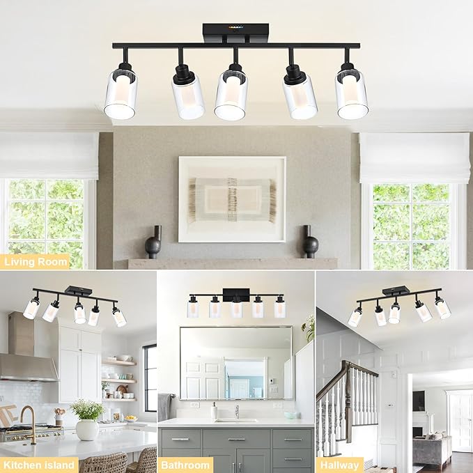 5-Light LED Black Track Light Fixtures Ceiling, 5-Color Temperature Adjustable Directional Spotlight, Bathroom Vanity Lighting with Integrated LED Chips & Clear Glass Shade & Frosted Column