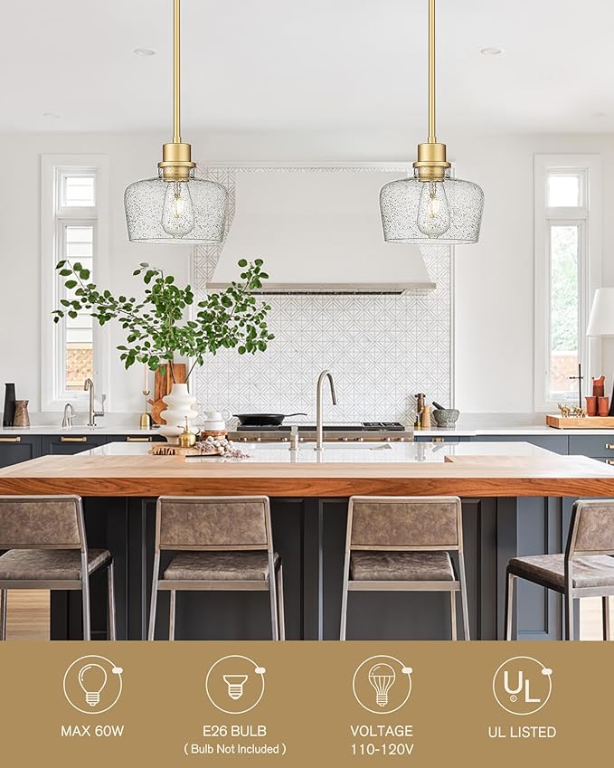 Emak 8 Inch Gold Pendant Light Fixtures, Modern Pendant Lights Kitchen Island with Seeded Glass Shade, 1 Light Hanging Light for Kitchen Island, Dining Room, Bathroom, Bedroom, PL122-GD