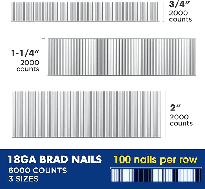 WORKPRO 18 Gauge Brad Nails, 2'',1-1/4'', 3/4'' 6000 Count Universal Brad Nails for Pneumatic, Electric Brad Nailer