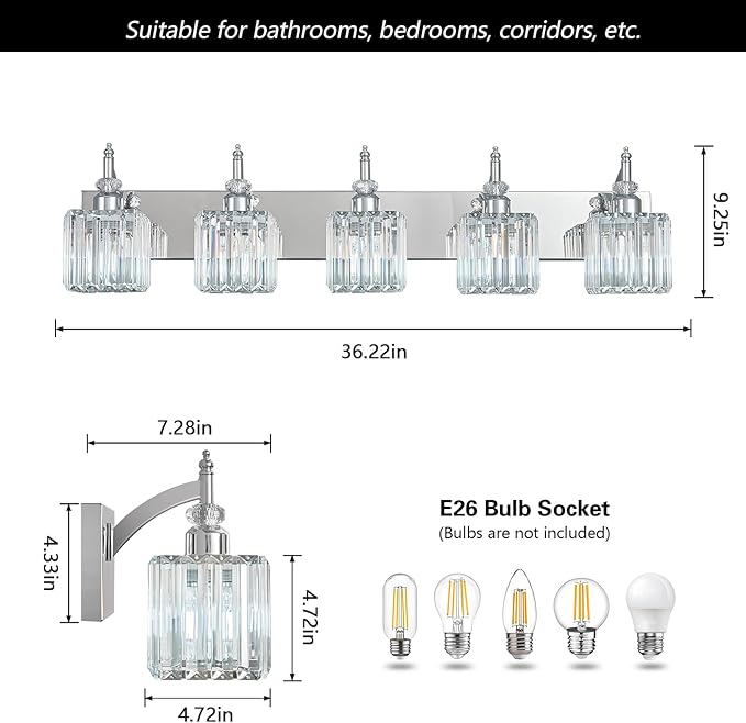 Crystal Vanity Lights Chrome 5 Light Bathroom Light Fixtures Over Mirror Modern Vanity Light for Bathroom