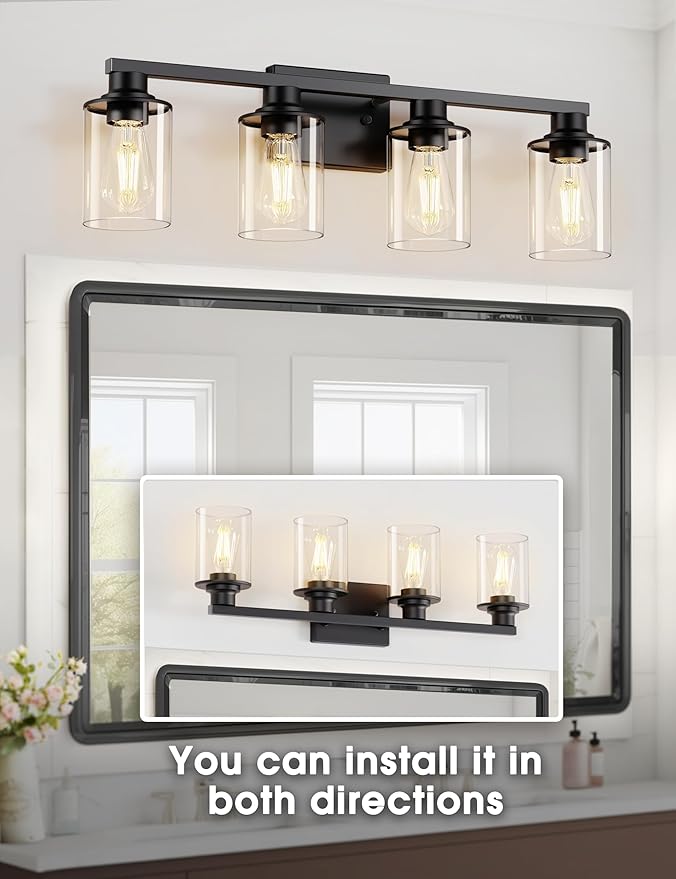 DORESshop Bathroom Light Fixtures, 4-Light Black Bathroom Lighting Fixtures Over Mirror with Clear Glass Shade, Vanity Lights for Bathroom Hallway Living Room Bedroom
