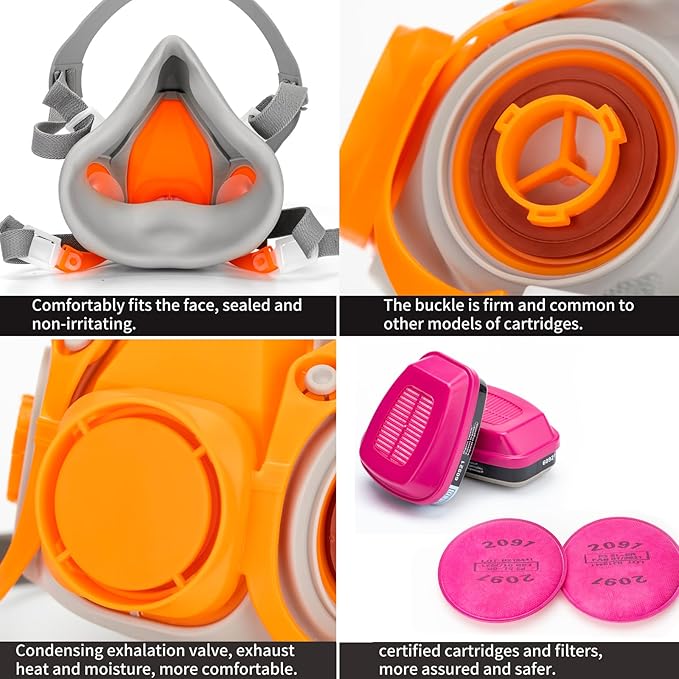 RANKSING Respirator Mask with Filters and Glasses to Against Dust Gases Fumes in Painting Spraying Sanding Orange/Pink