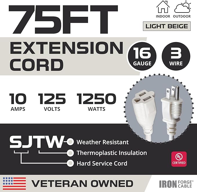 Iron Forge Cable Weatherproof 75 Ft Outdoor Extension Cord - 16/3 SJTW Heavy Duty Beige Extension Cord 3 Prong - 10 Amp Exterior Power Cable