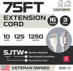 Iron Forge Cable Weatherproof 75 Ft Outdoor Extension Cord - 16/3 SJTW Heavy Duty Beige Extension Cord 3 Prong - 10 Amp Exterior Power Cable
