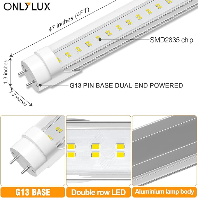 50 Pack T8 Bulbs 4 Foot 6500K Daylight, 5000Lumens, 36W, 4ft Led Bulbs Ballast Bypass Type B Dual-End Powered, 4ft Led Tubes Replacement F32T8 F32T12 Fluorescent Tube