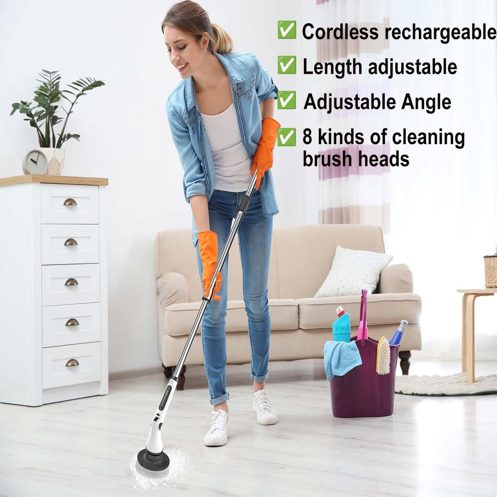 Electric Spin Scrubber, 8 in 1 Electric Cleaning Brush, Cordless Rechargeable Scrub Brush with 8 Replaceable Brush Heads, Adjustable Length and Angle Power Scrubber for Bathroom Tile Bathtub Glass