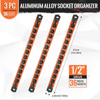 Magnetic Socket Organizer, 3-Piece Heavty Duty Aluminum Socket Holder, Socket Rail for Tool Box, Premium Quality 360° Swivel Socket Rack with 36 Clips for 1/2-Inch(Orange)