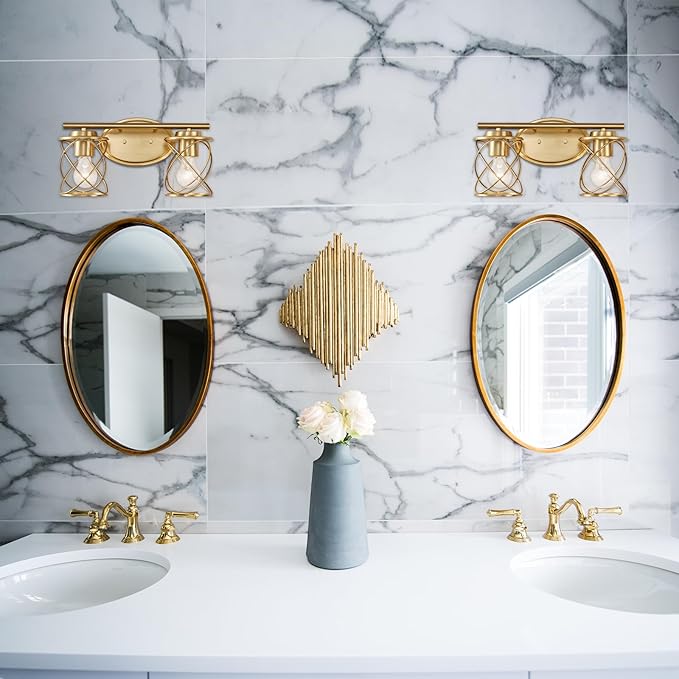 Mavcadonf Modern Vanity Lights with Cage Shade, 2 Lights Over Mirror, Brushed Gold Vanity Light for Bathroom, Kitchen, Bedroom