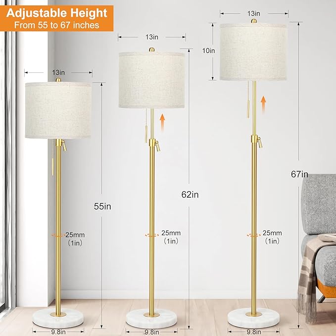 Modern Floor Lamp for Living Room, Adjustable Height Standing Lamp with Marble Base, Gold Tall Pole Light with Linen Shade for Reading Bedroom, Chain Switch, 8W 3-Way Dimmable Bulb Included