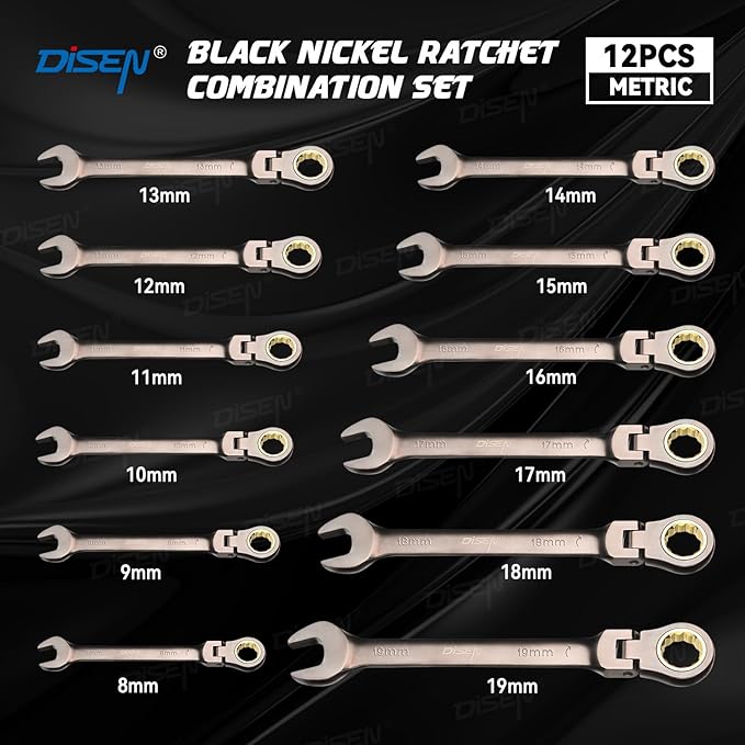DISEN 12 Pcs Flex Head Ratcheting Wrench Set 90 Teeth, Metric Combination Ratchet Wrenches Set 8-19MM, Nickel Plating Cr-VSteel with Organizer Rack
