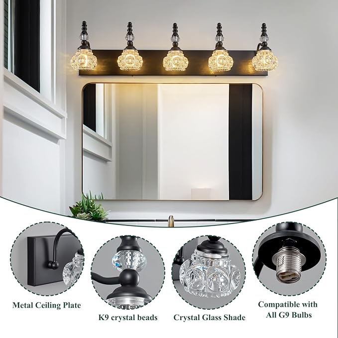 Modern Crystal Bathroom Vanity Light Black Vintage Bathroom Light Fixtures 5-Lights Glass Crystal Vanity Lights