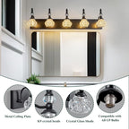 Modern Crystal Bathroom Vanity Light Black Vintage Bathroom Light Fixtures 5-Lights Glass Crystal Vanity Lights