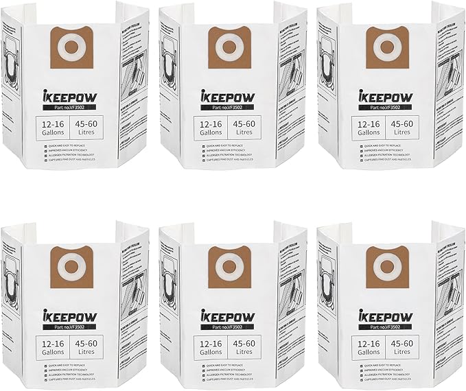 VF3502 Shop Vac Bags - Compatible with Ridgid Wet Dry Vacuum, 12-16 Gallon Replacement Filter Bags (6 Pack)
